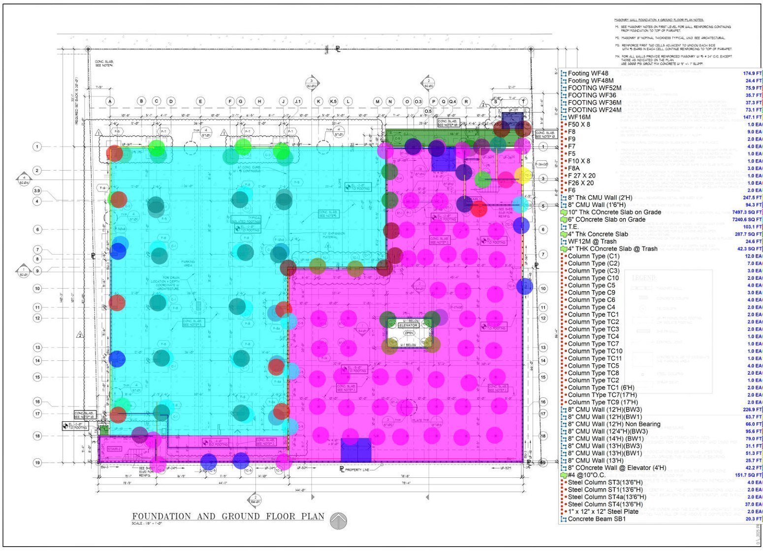 Commercial foundation and CMU wall takeoff markup