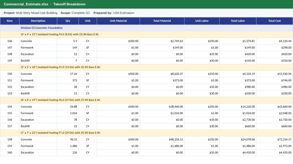 Commercial estimate sample with isolated footing concrete, formwork, excavation and backfill