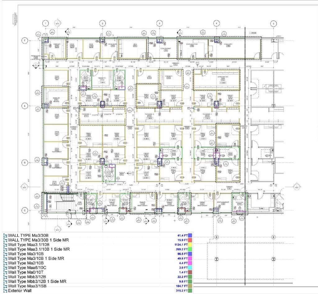 Drywall wall type takeoff with Bluebeam markups on a medical office floor plan